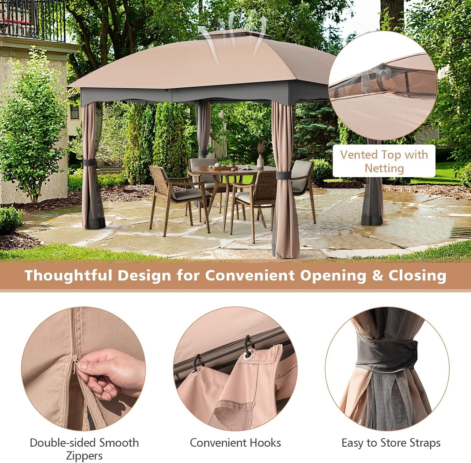 Tangkula 10x12 Ft Patio Gazebo, Double Vented Gazebo with Zippered Privacy Curtains, Mesh Screen Netting, Outdoor Steel Gazebo for Deck, Garden, Yard, Poolside (Brown)