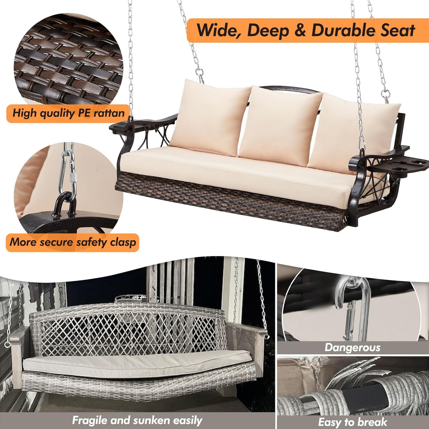 ZZW 3-Person Wicker Porch Swing Chair Heavy Duty 900 LBS Outdoor Rattan Patio Swing Chair w/Cup-Holder & Steel Chains Hanging Bench Porch Swing Cushions for Deck & Backyard & Garden