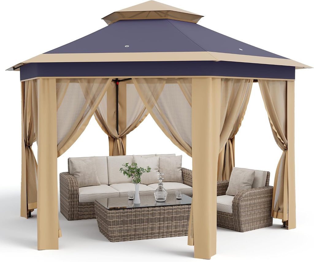 13x13 Pop Up Gazebo Outdoor Hexagonal Canopy Tent with Mosquito Netting Sides Instant Patio Canopy Shelter, Rain & UV Resistant PA Coated Fabric, for Patios, Garden, Parties, Lawns Backya