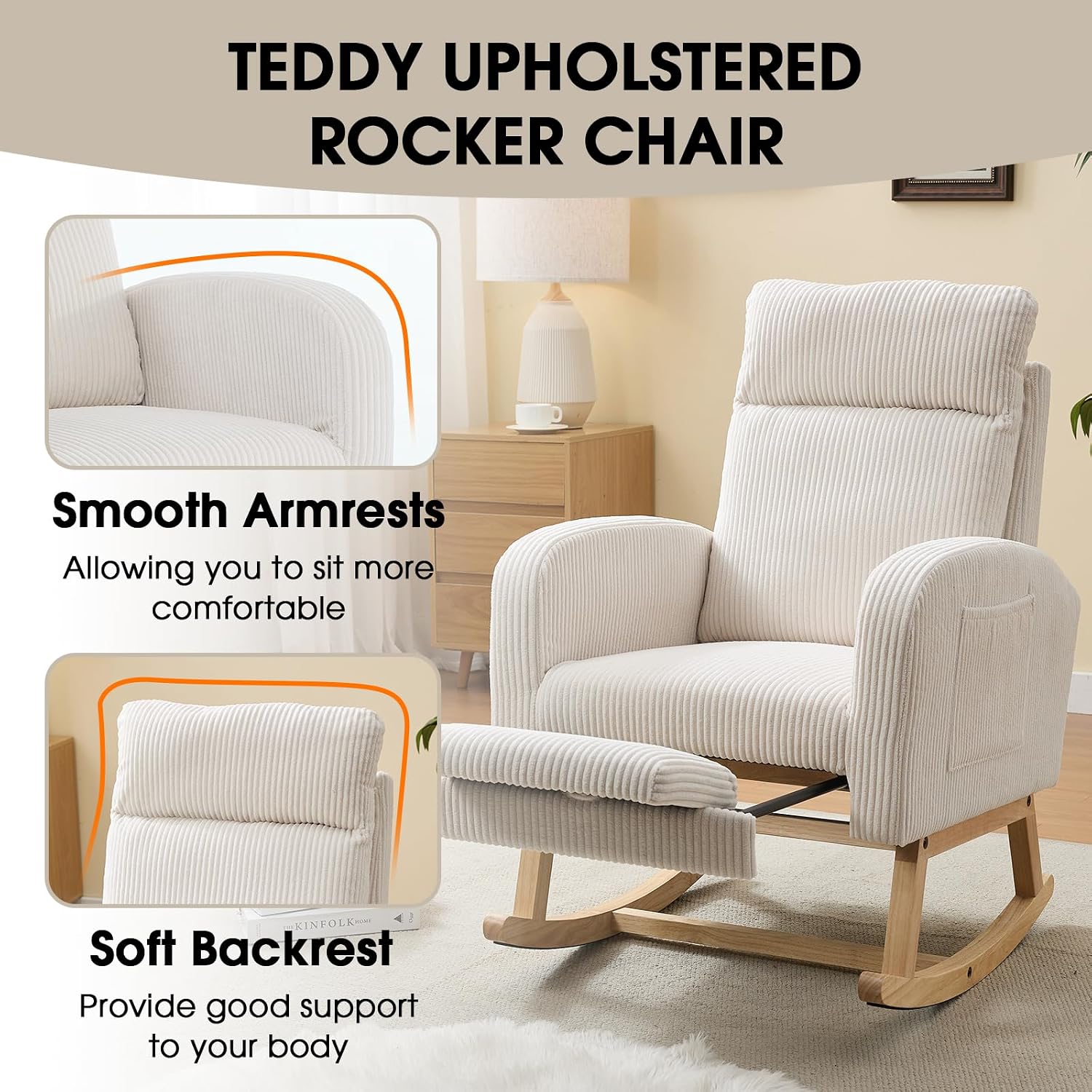NIOIIKIT Nursery Rocking Chair, Corduroy Upholstered Rocking Chair with Adjustable Footrest, Tufted Rocker Chair with Side Pocket, Glider Rocker for Living Room (White Modern)
