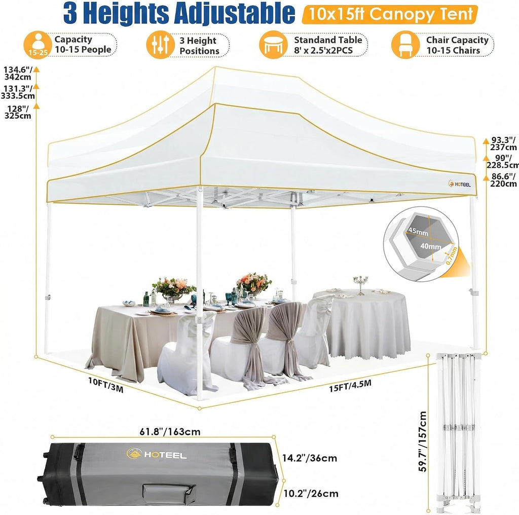 HOTEEL 10x15 Heavy Duty Pop up Canopy Tent for Parties with 4 Sidewalls, Easy Setup Outdoor Commercial Instant Gazebo for Wedding Event, with Roller Bag & Sand Bags, White(Hexagonal Frame)