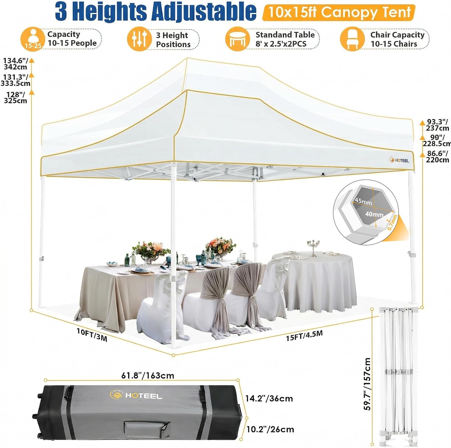 HOTEEL 10x15 Heavy Duty Pop up Canopy Tent for Parties with 4 Sidewalls, Easy Setup Outdoor Commercial Instant Gazebo for Wedding Event, with Roller Bag & Sand Bags, White(Hexagonal Frame)
