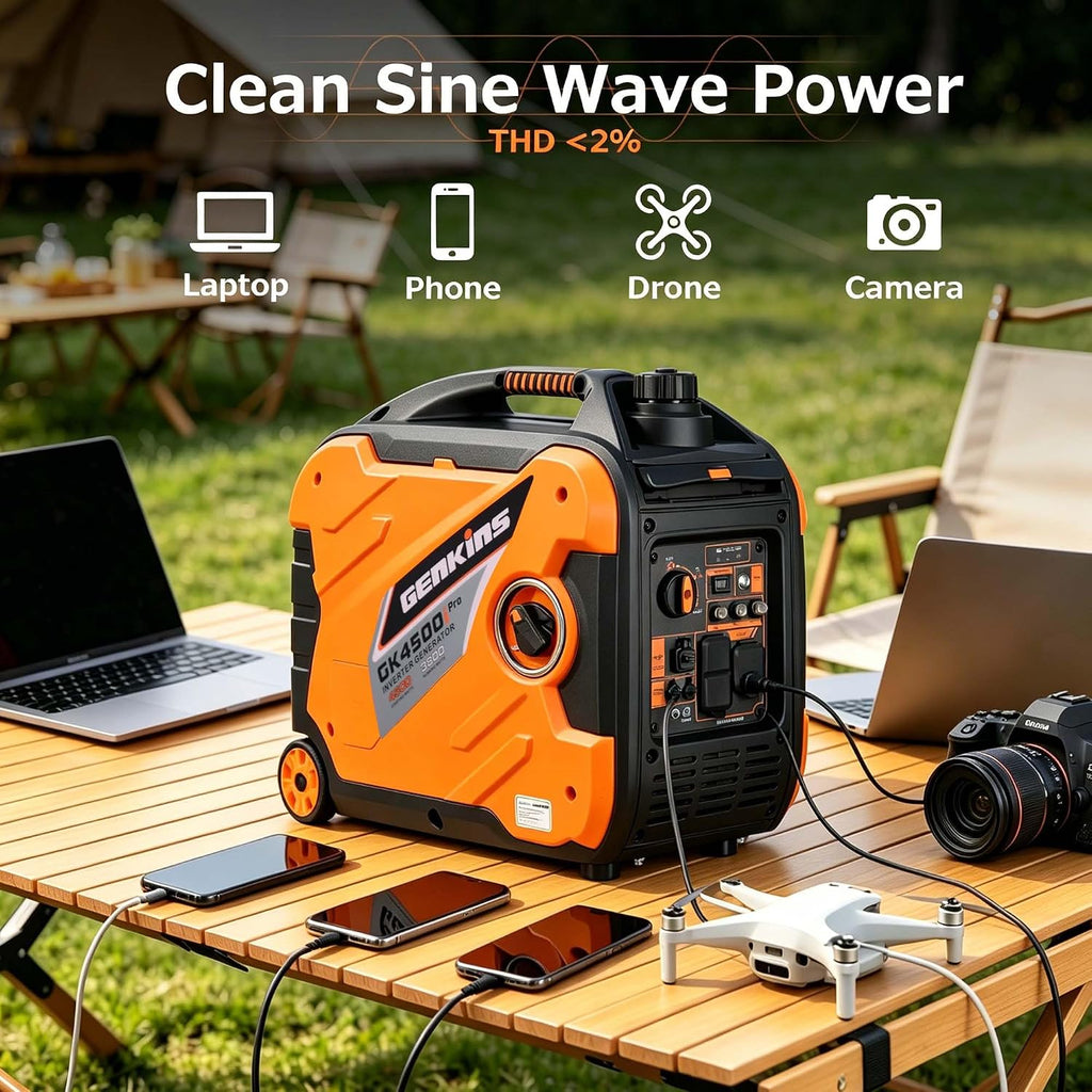 Genkins Portable Inverter Generator 4500W Gas Powered Pure Sine Wave Lightweight Quiet Parallel Capability for Camping RV Home Backup