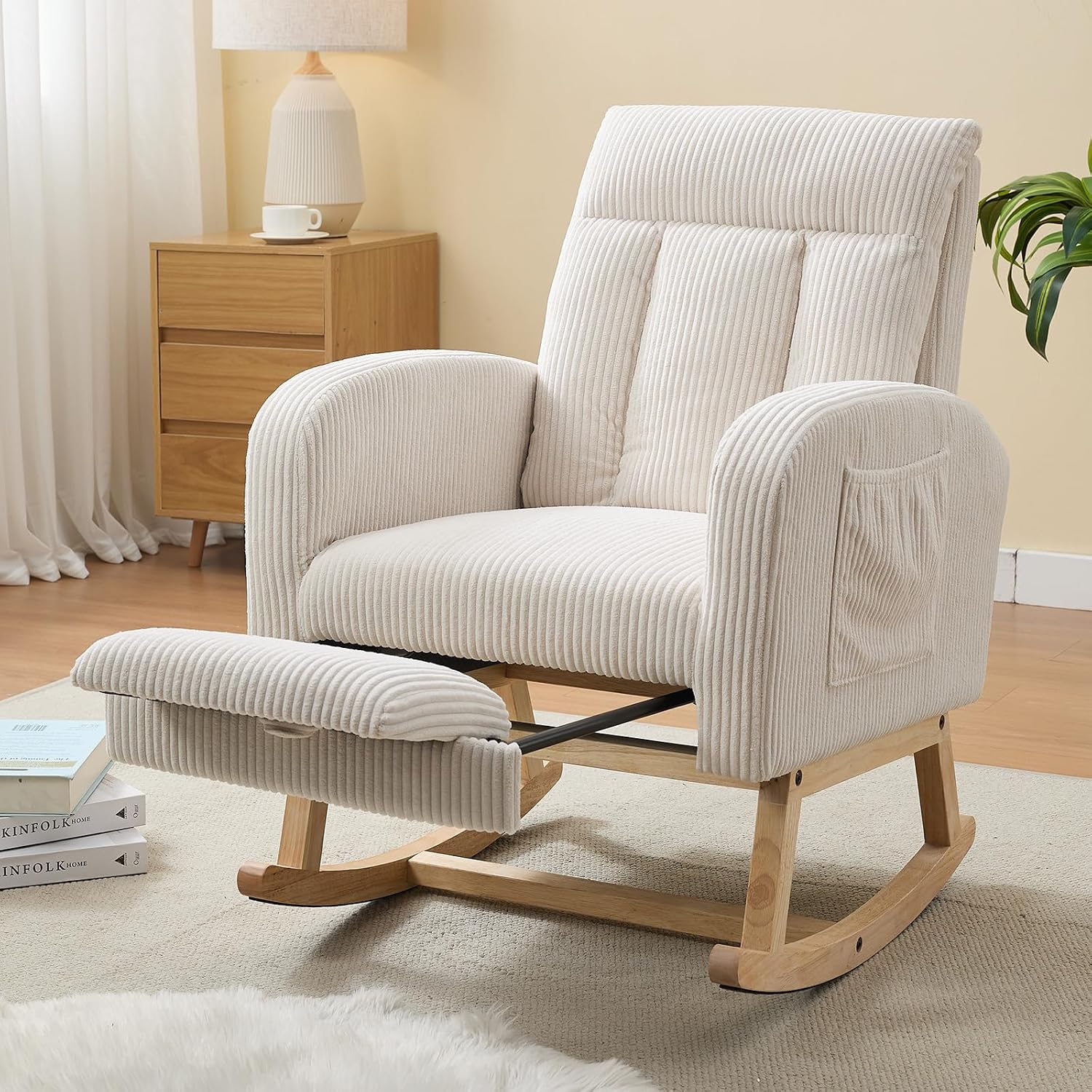 NIOIIKIT Nursery Rocking Chair, Corduroy Upholstered Rocking Chair with Adjustable Footrest, Tufted Rocker Chair with Side Pocket, Glider Rocker for Living Room (Cream Casual)