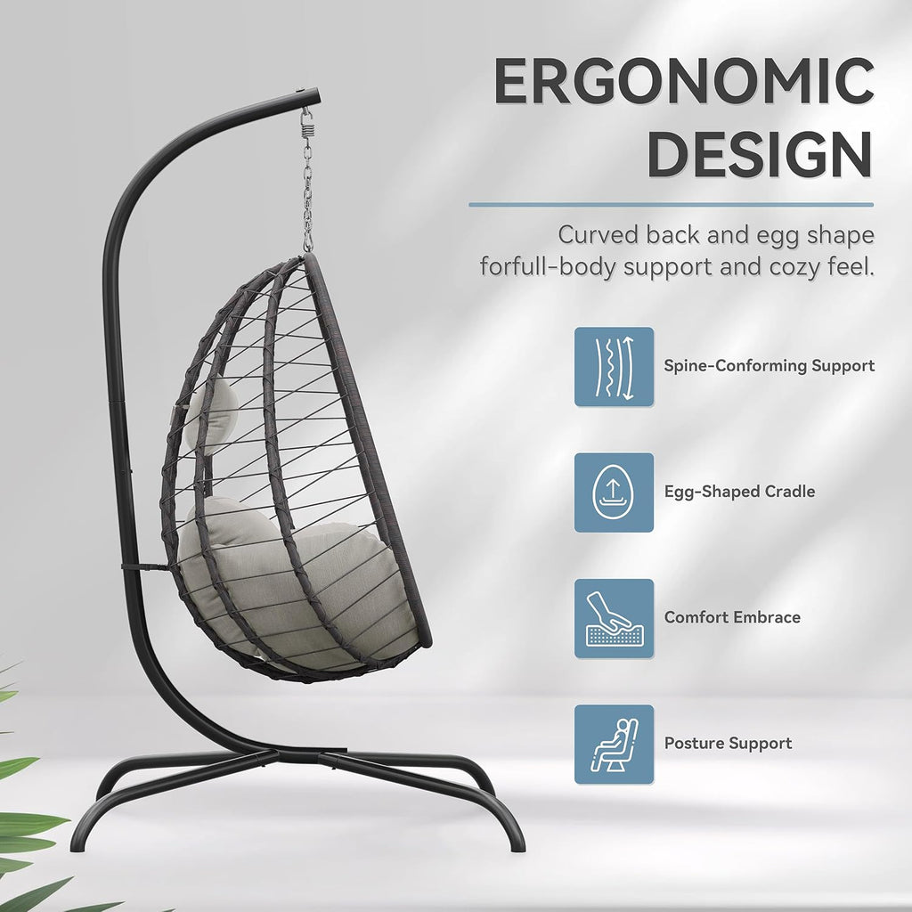 ALAULM Foldable Egg Chair with Stand, 485LBS Capacity Wicker Rattan Hammock Swing Chair for Outdoor & Indoor, Hanging Chair with Strong Frame & UV Resistant Cushion for Balcony, Bedroom, Cream