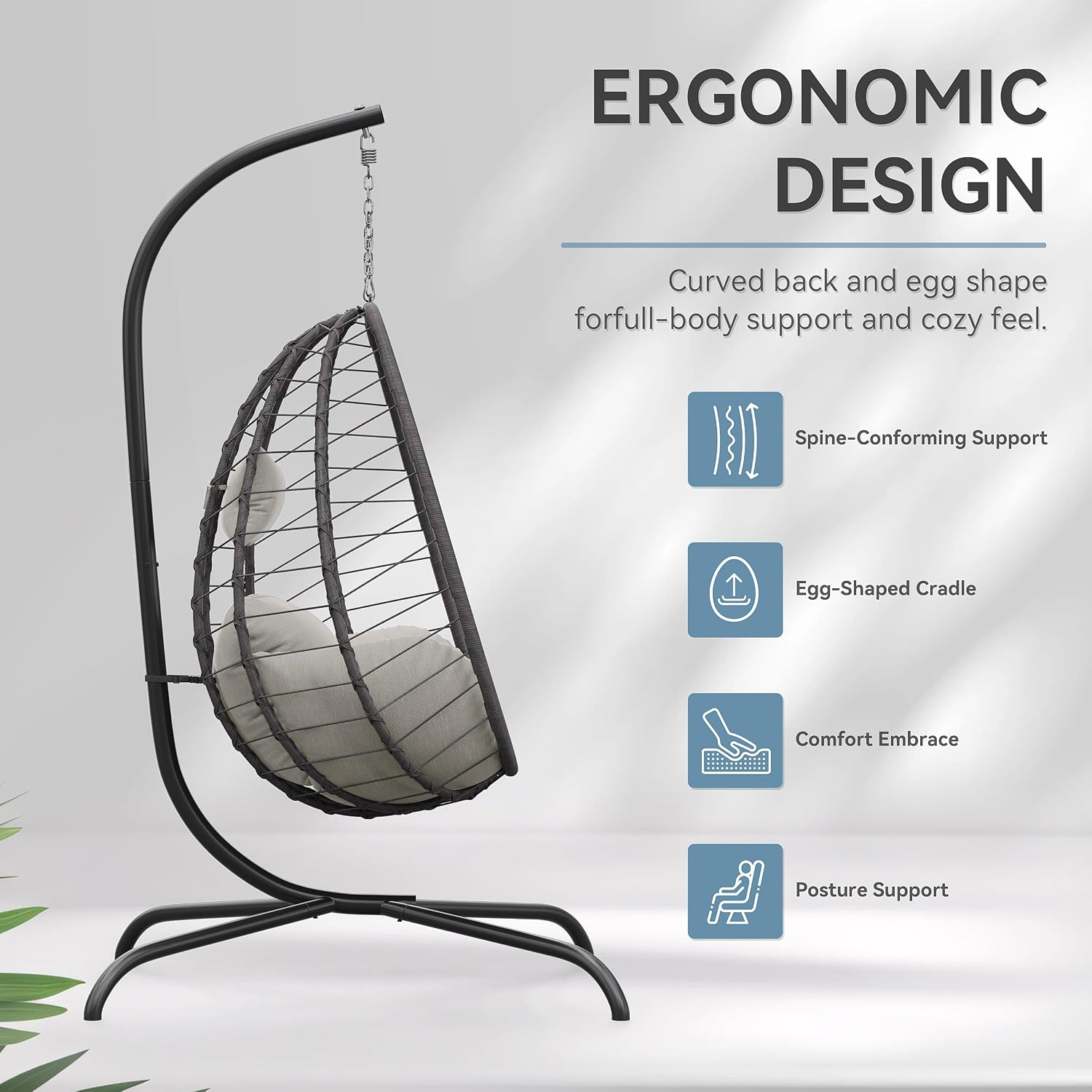ALAULM Foldable Egg Chair with Stand, 485LBS Capacity Wicker Rattan Hammock Swing Chair for Outdoor & Indoor, Hanging Chair with Strong Frame & UV Resistant Cushion for Balcony, Bedroom, Cream