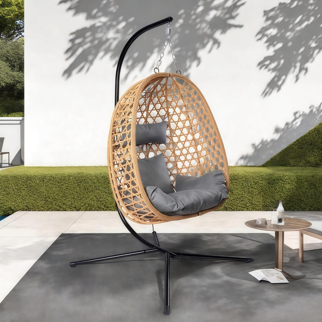 LHBCraft Hanging Egg Chair with Stand, Patio Wicker Swing Chair, Hammock Style with 350LBS Capacity for Bedroom, Balcony, or Garden (Yellow-Grey)
