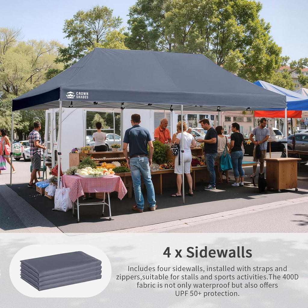 CROWN SHADES 10x20 Pop Up Canopy Tent, Thicken Frame Commercial Heavy Duty Tent, 4 Sidewalls 8 Stakes & 4 Sandbags & 4 Ropes, Outdoor Canopies for Events, Parties, Gray