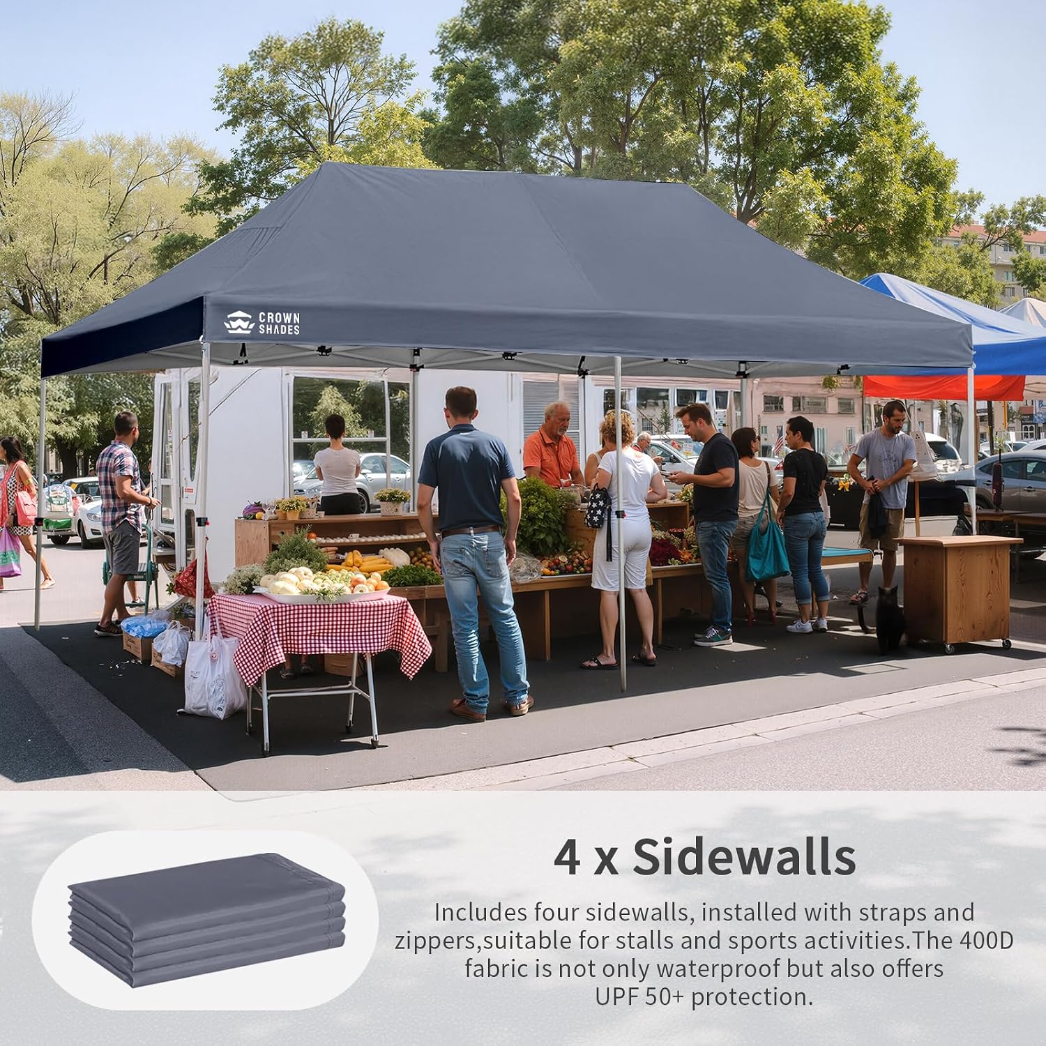 CROWN SHADES 10x20 Pop Up Canopy Tent, Thicken Frame Commercial Heavy Duty Tent, 4 Sidewalls 8 Stakes & 4 Sandbags & 4 Ropes, Outdoor Canopies for Events, Parties, Gray