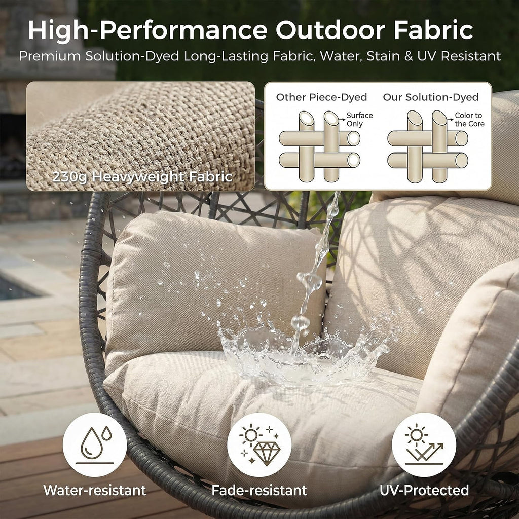 NICESOUL Oversized Patio Swing Egg Chair, Rattan Outdoor Indoor Hanging Egg Chair with Stand, Cozy Bird Cage Swinging Basket Chairs, 350 lbs Egg-Shape Padded Seat for Balcony Outside, Beige