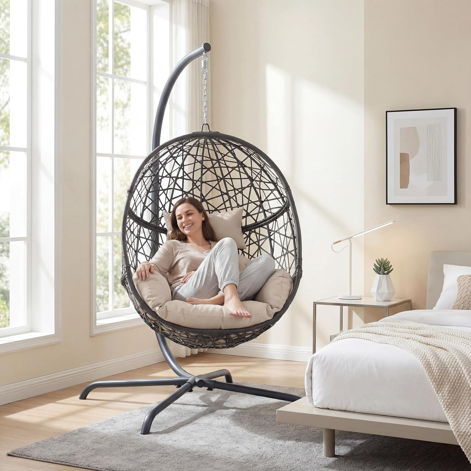 RADIATA Oversized Hanging Egg Chair with Stand, Large Indoor Outdoor Swing Chair with Cushion, 350lbs Wicker Bird Nest Eggshell Basket Chairs, Patio Swinging Hammock Chair for Bedroom Garden, Beige