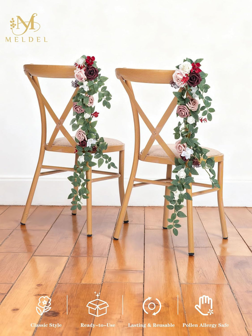 10pcs Wedding Aisle Decorations Chair Floral Swag Artificial Pew Flowers Hanging Garland Burgundy & Pink for Ceremony Reception Church Rose Floral Faux Arrangement Party Outdoor Garden Decor