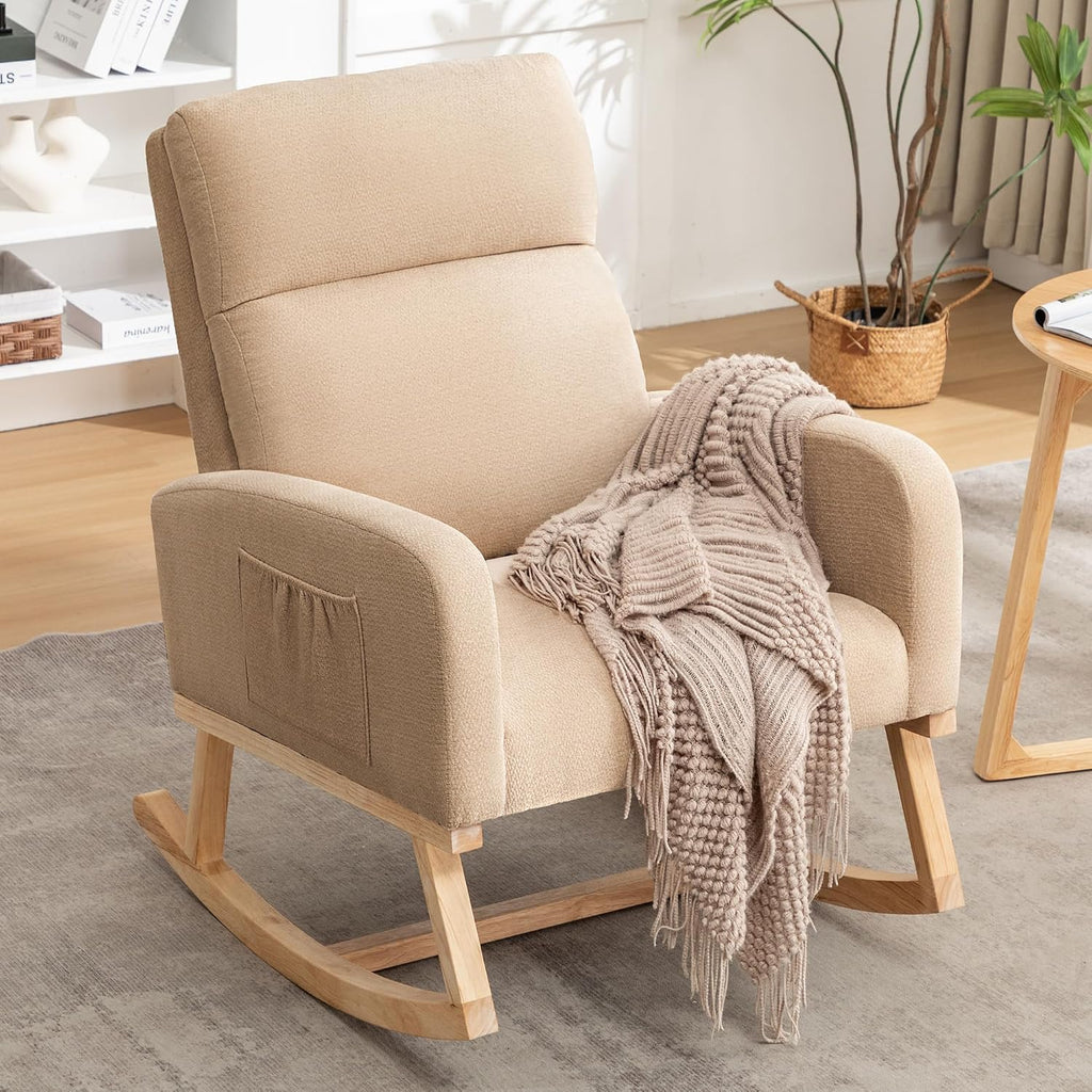 Rocking Chair Nursery, Uplostered Fabric Nursery Rocking Chair, Comfy High Backrest Rocker Nursing Chair for Mom Breastfeeding with Extended Legs for Living Room Bedroom, Khaki