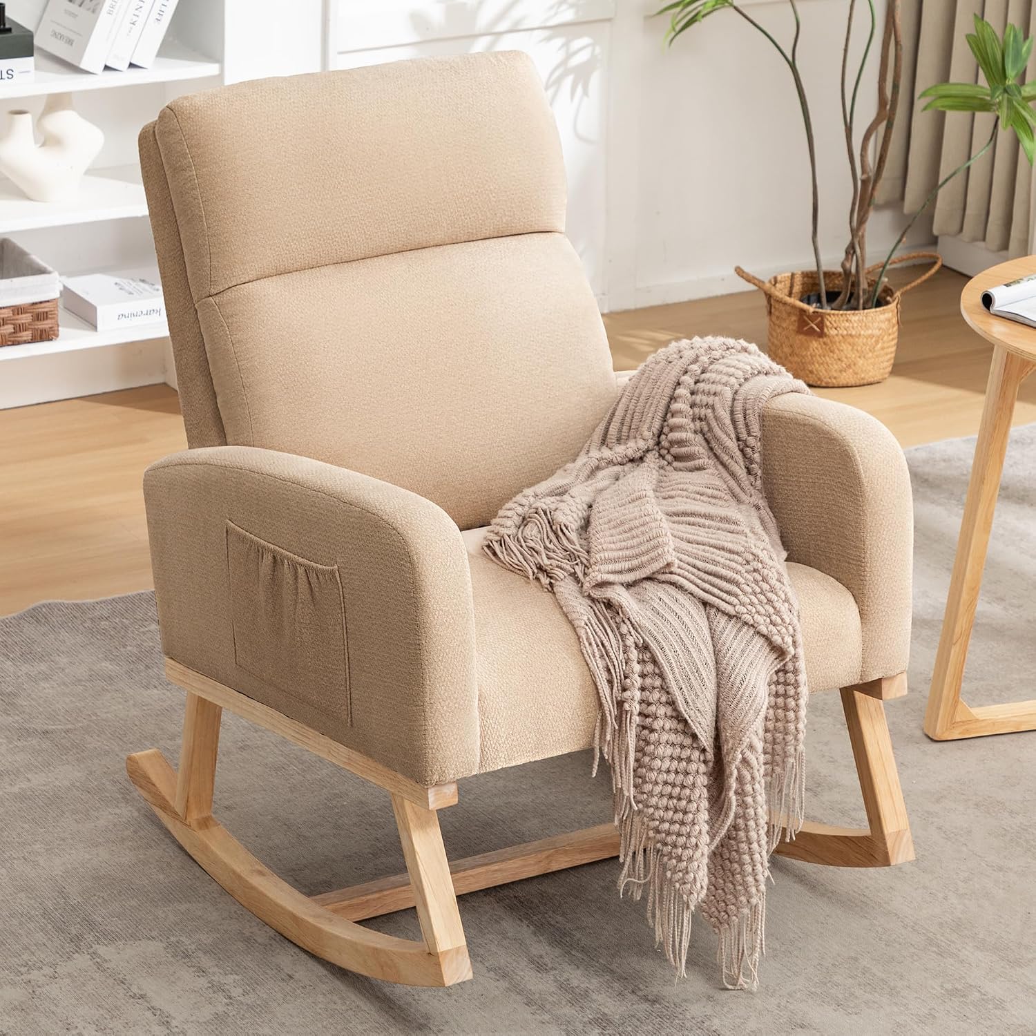 Rocking Chair Nursery, Uplostered Fabric Nursery Rocking Chair, Comfy High Backrest Rocker Nursing Chair for Mom Breastfeeding with Extended Legs for Living Room Bedroom, Khaki