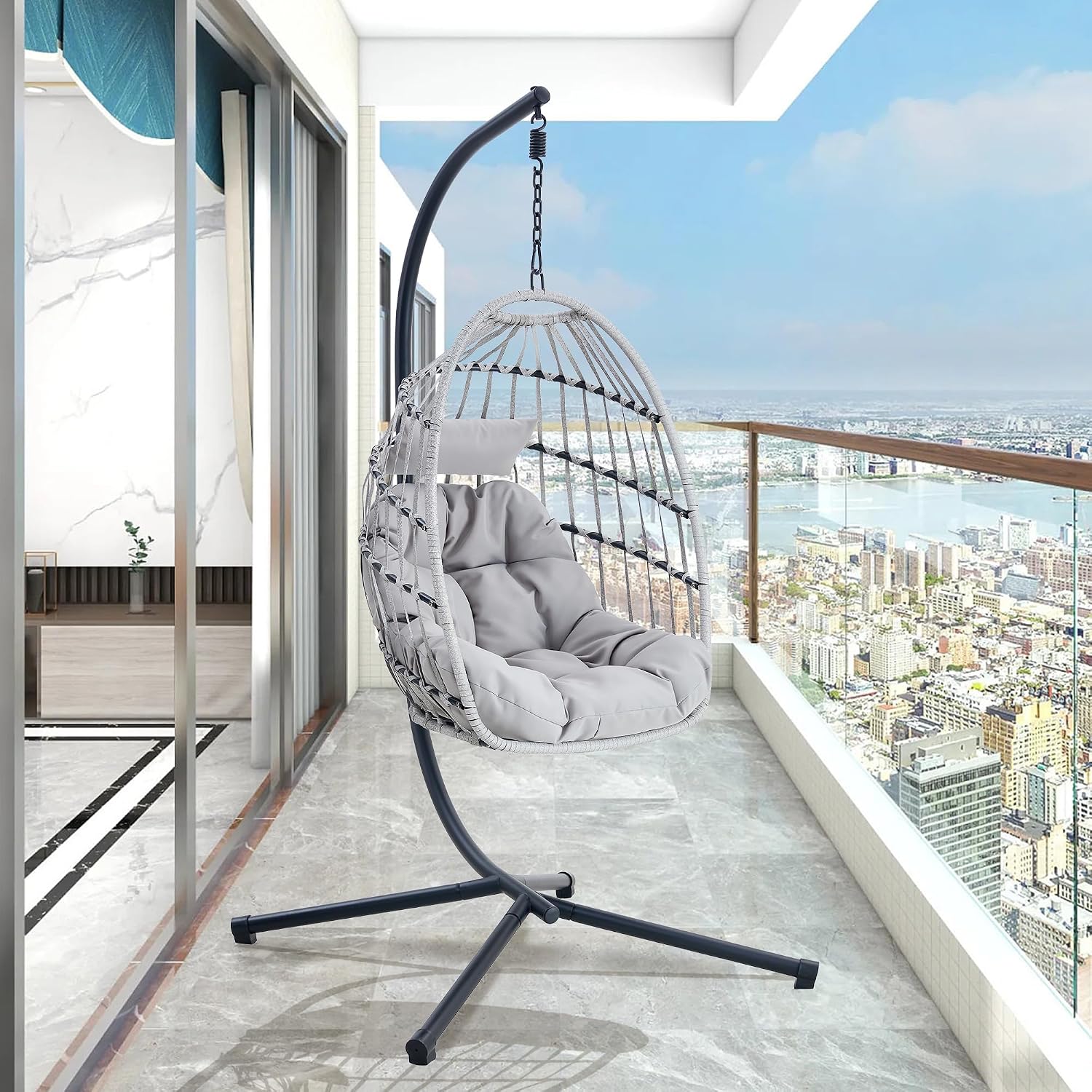 Egg Swing Chair with Stand, Indoor Outdoor Hanging Egg Chair with Thickened Metal Frame and Cushion, Patio Wicker Swinging Hammock Chair for Bedroom, Porch, Garden, Balcony (Gray)