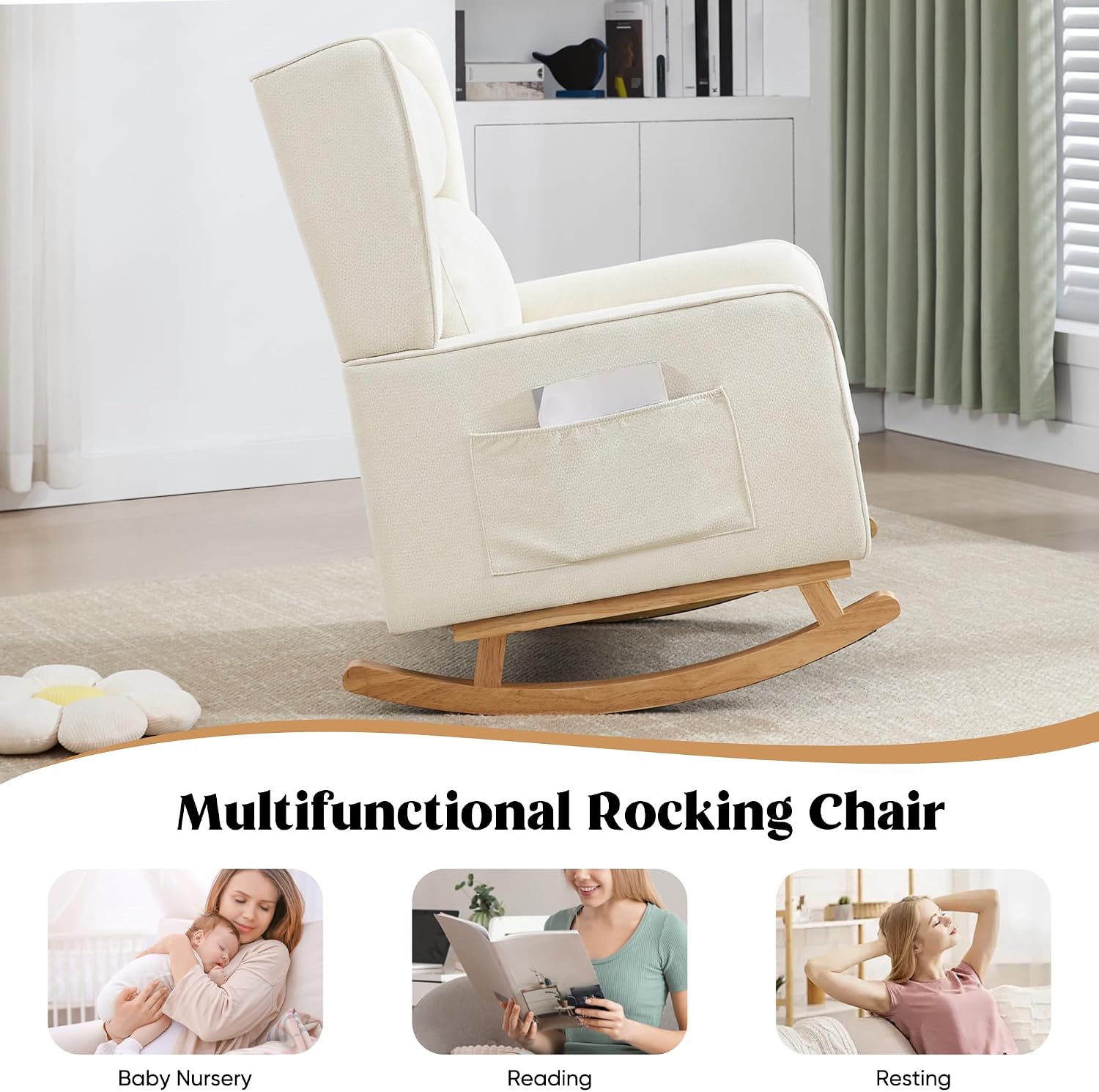 HCHAIRH Nursery Rocking Chairs, Rocking Chair Nursery for Mom Nursery Rocker with High Backrest and Solid Wood Legs, Beige Modern Wingback Accent Chairs for Reading Living Room Bedroom