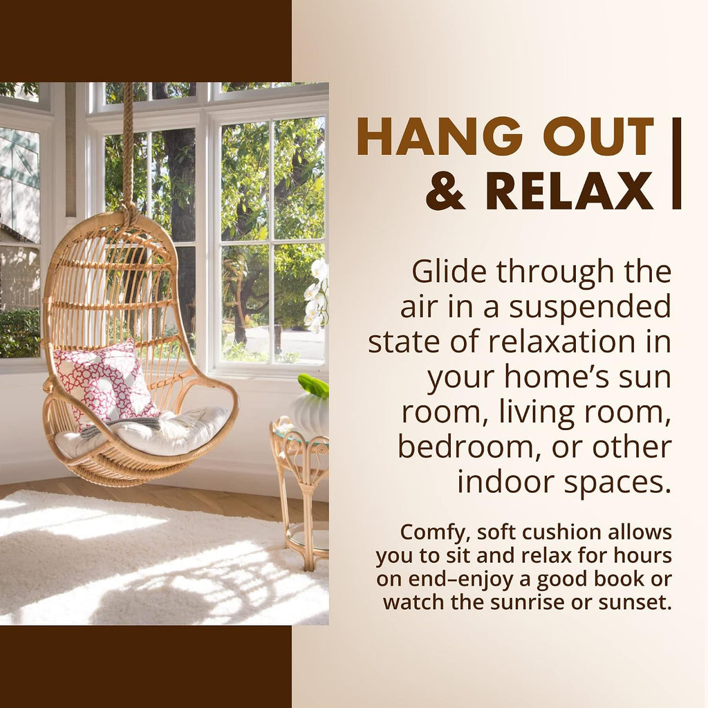 KOUBOO Hanging Rattan Swing Chair with Seat Cushion, Handwoven Natural Rattan Chair, Coastal Home Decor Furniture for Bedroom, Living Room, & Sun Room, Natural