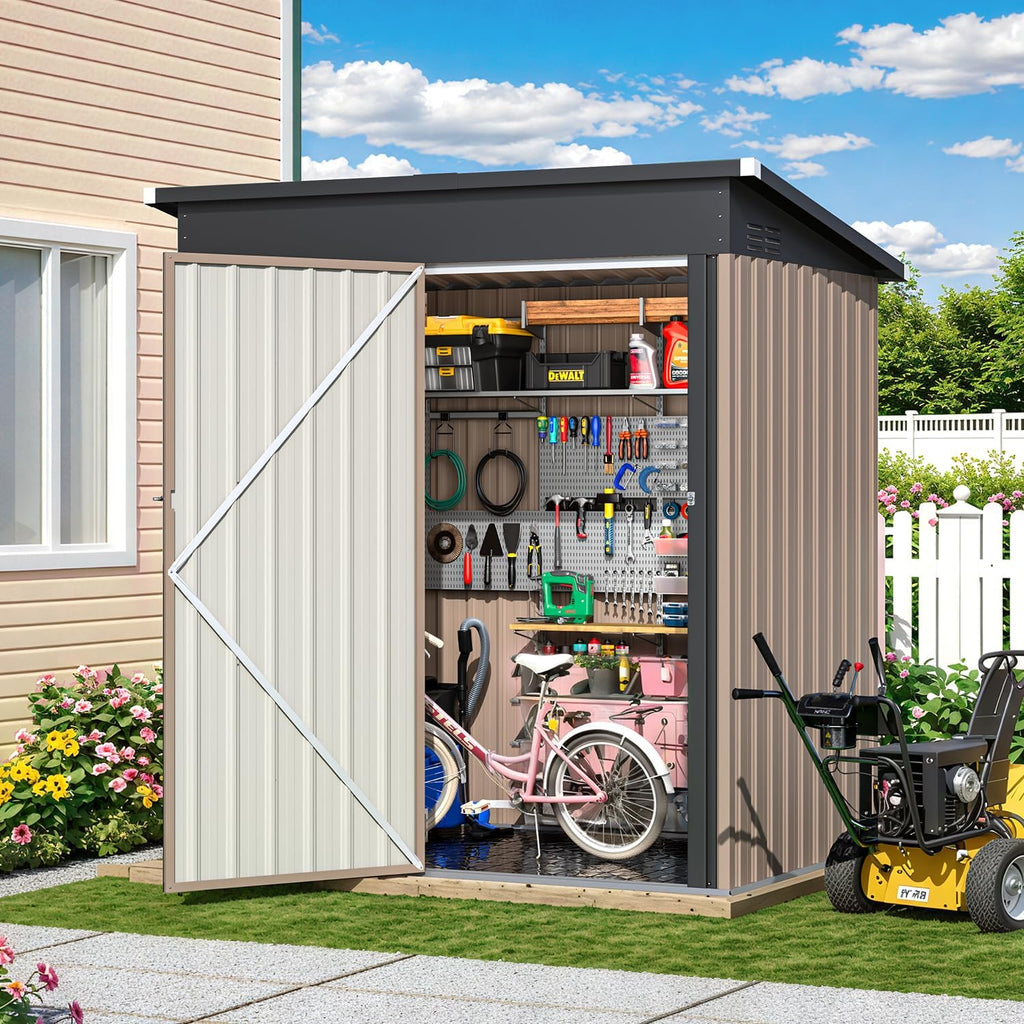 AECOJOY 5'x3' Outdoor Storage Shed with Floor Base, Small Metal Garden Sheds & Outdoor Storage Clearance with Waterproof Floor Included, 3x5 Tiny Utility and Tool Sheds for Backyard, Patio and Outside