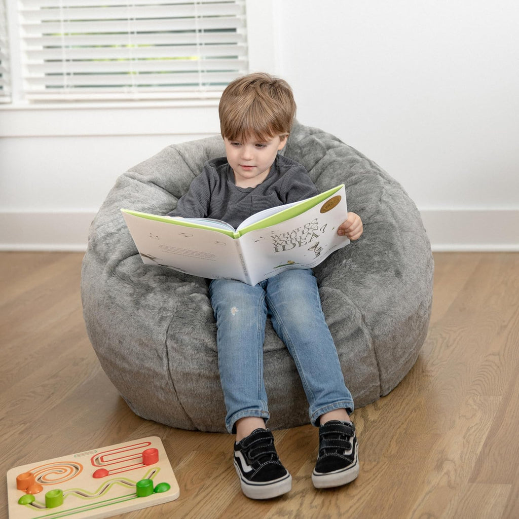 EMMA + OLIVER Daisy Small Gray Furry Bean Bag Chair for Kids and Teens