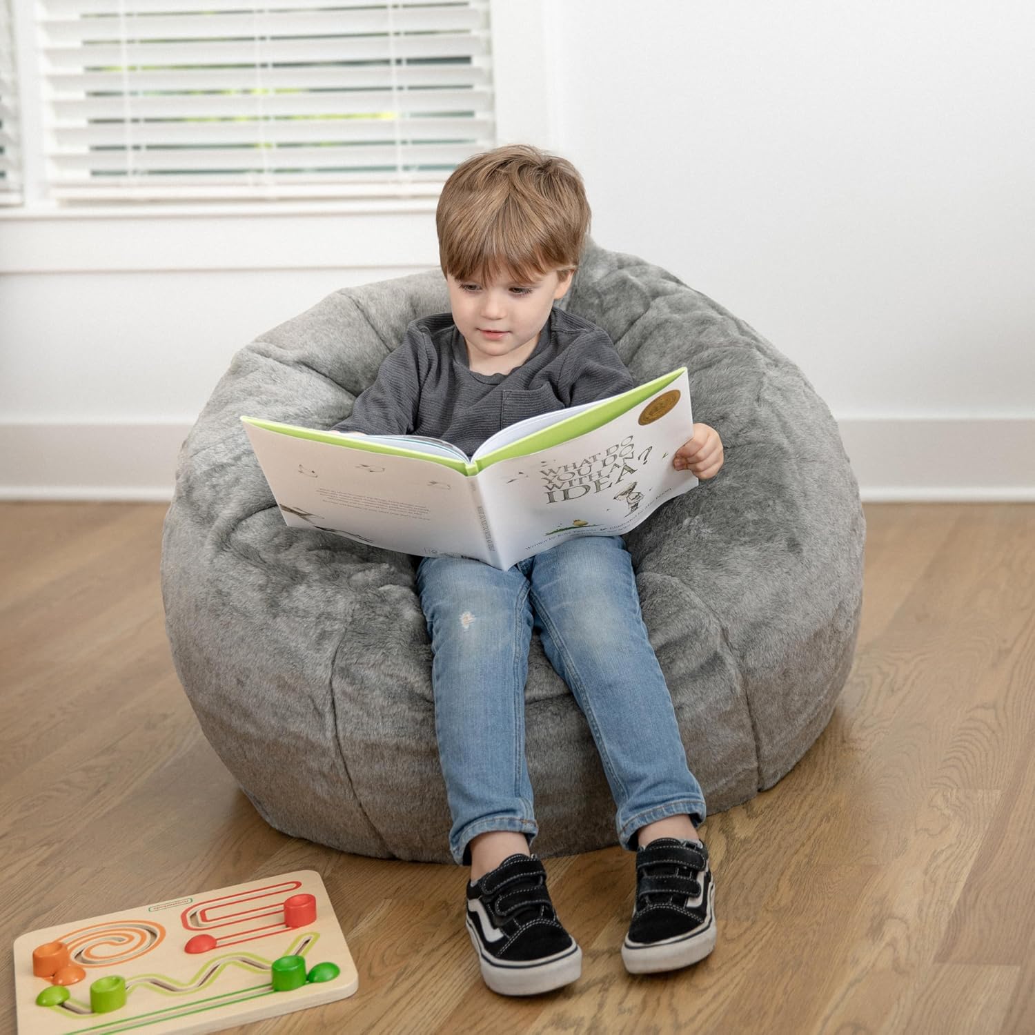 EMMA + OLIVER Daisy Small Gray Furry Bean Bag Chair for Kids and Teens