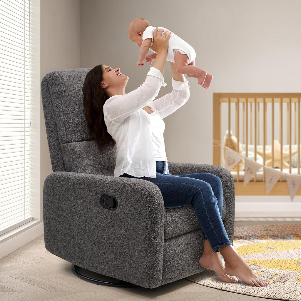 Jocisland Swivel Rocker Recliner Chair for Adults, Nursery Rocking Reclining with High Back, Small Glider for Small Spaces/Living Room/Bedroom/Nursing, Gray Teddy (No Side Pockets)
