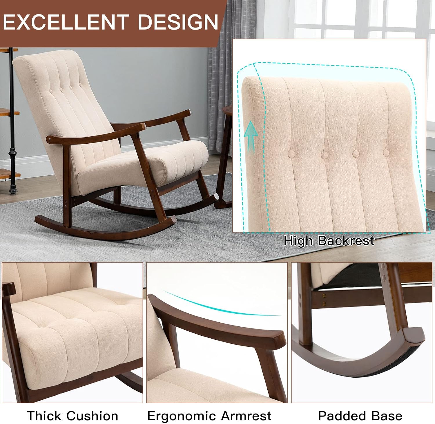 AVAWING Upholstered Rocking Chair with Fabric Padded Seat, Comfortable Rocker Solid Wood for Living Room, Modern High Back Armchair for Adult, Beige