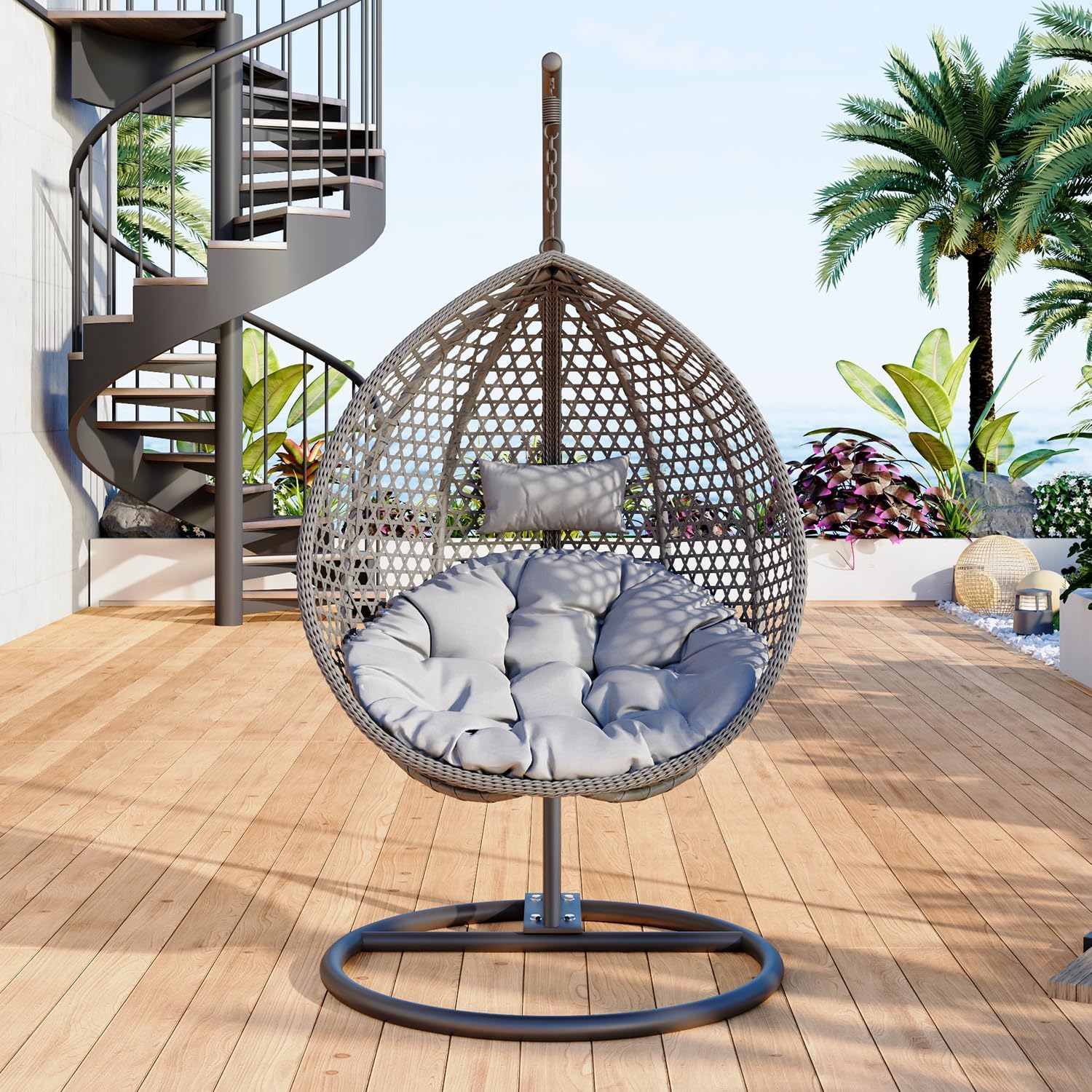 Egg Swing Chair Outdoor with Stand, Hanging Egg Rattan Basket Chair with Cushion and Pillow, Lounge Chairs for Backyard Sunroom Patio Balcony Bedroom (Grey)