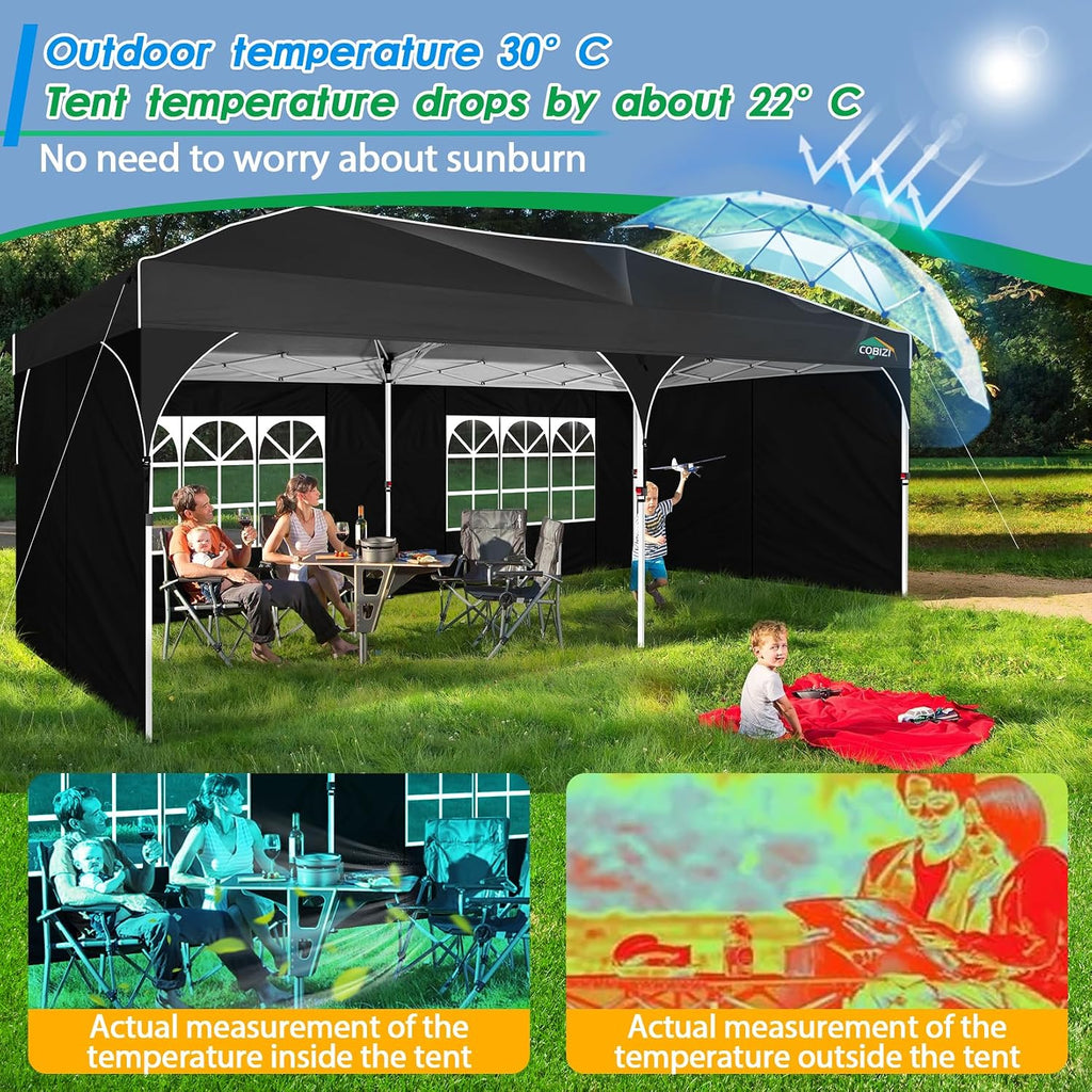 COBIZI 10x20 Pop up Canopy Tent with 4 Sidewalls Outdoor Canopy Tent for Party with Push Center Lock & Air Vent, 2000mm+Waterproof Gazebo Canopy UPF 50+with 4 Sandbags,12 Stakes & 6 Ropes,Black