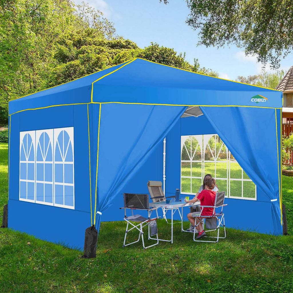 COBIZI 10x10 Pop Up Canopy with 4 Removable Sidewalls, Canopy Tent for Parties Waterproof Wedding Event Shelter, Instant Outdoor Gazebos with Church Window,Carry Bag,4 Stakes,Ropes & Sandbags, Blue