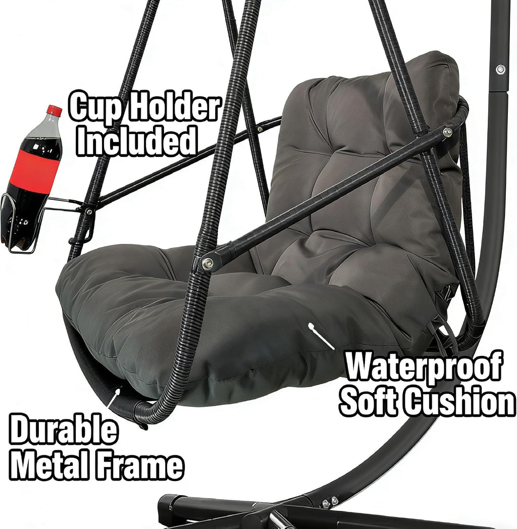 JESE Swing Egg Chair with Stand - UV Resistant & Waterproof Cushion Included, with Cup Holder - Indoor/Outdoor Hanging Hammock Chair Suitable for Patio, Bedroom, Balcony, Garden (Black)