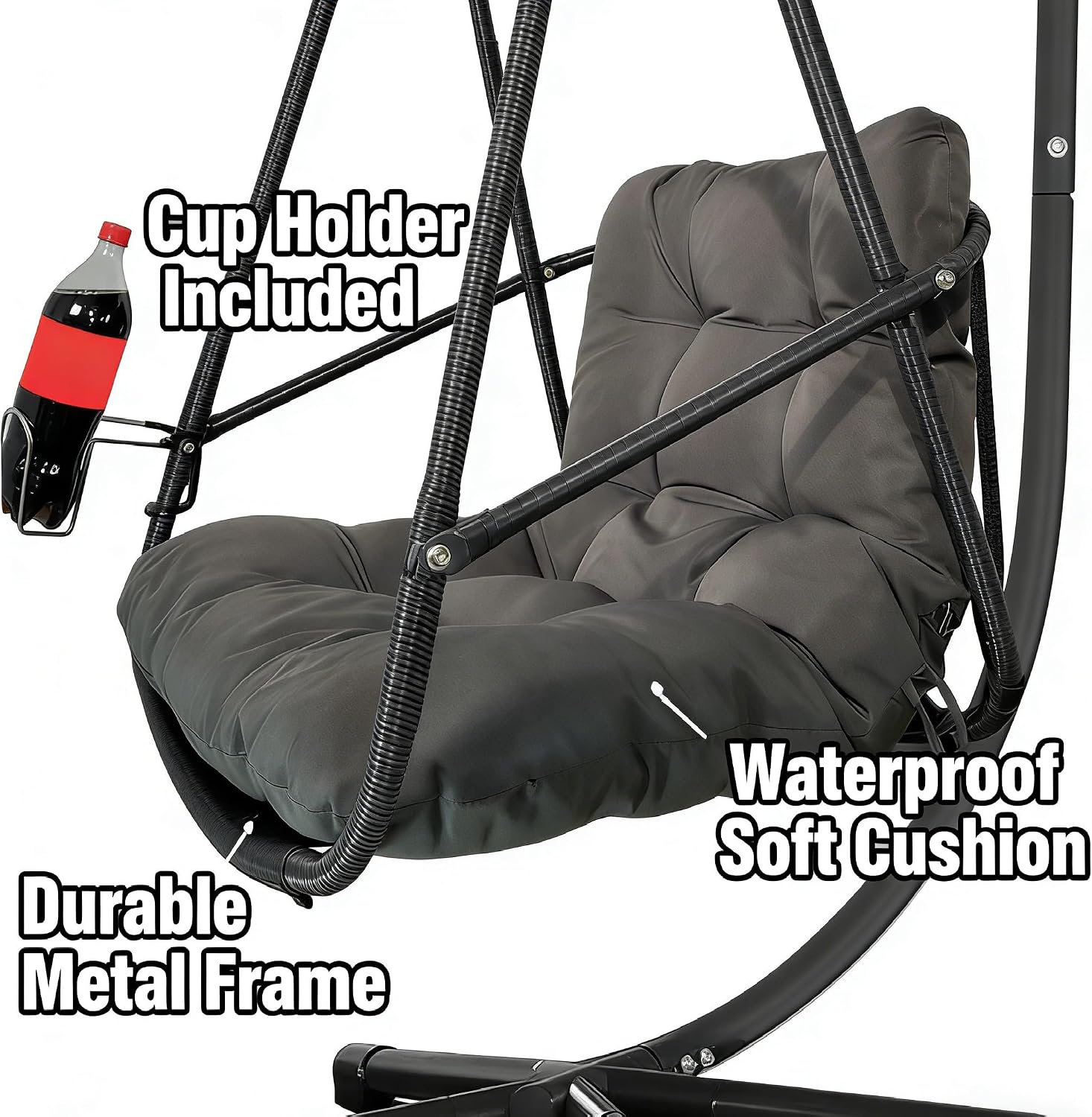 JESE Hanging Egg Chair with 304 Stainless Steel Hook: Indoor Woven Rattan Swing Chair, Foldable Design, Cup Holder & Cushion, 350lb Weight Capacity for Balcony, Garden, Patio