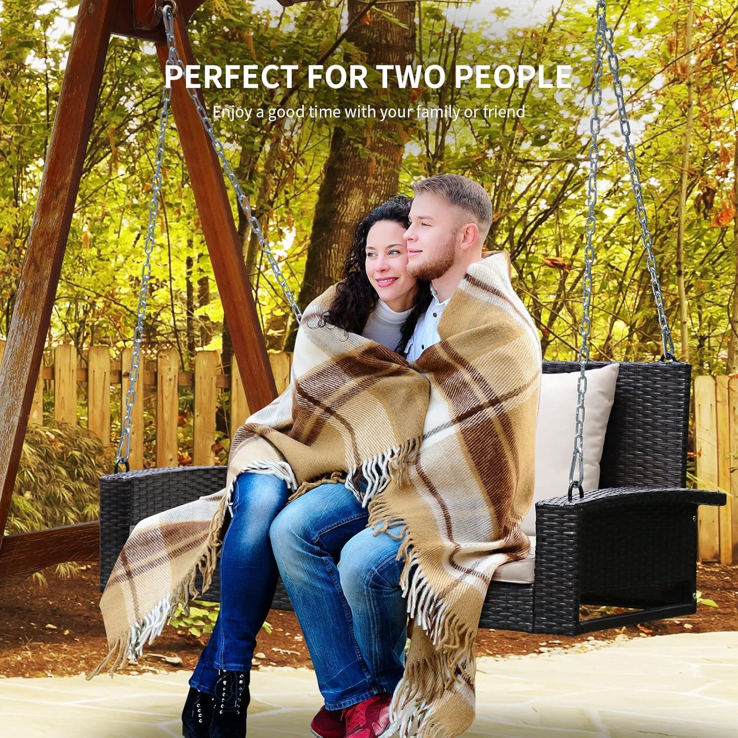 RELAX4LIFE 2-Seat Rattan Porch Swing, Wicker Outdoor Swings w/7.9 Ft Solid Metal Chain, Back & Seat Cushions for Garden Backyard, 800LBS Max Load, 2-Person Patio Swing, Beige & Black Cushion Covers