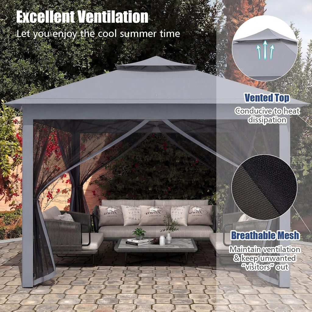 Tangkula 11x11 Ft Pop up Gazebo, 2-Tier Outdoor Patio Gazebo with Netting, Carry Bag, 121 Square Feet of Shade for Backyard, Deck, Poolside