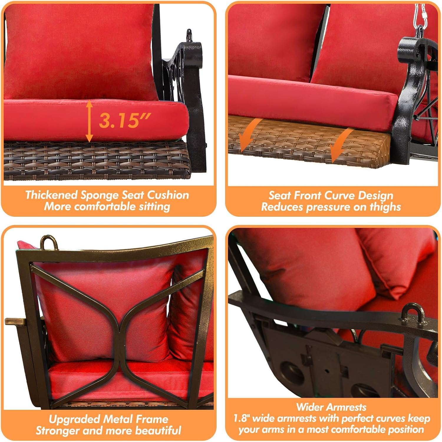 ZZW Heavy Duty 900 LBS Porch Swing Chair 3-Person Outdoor Rattan Patio Swing Lounge w/Cup-Holder & Steel Chains Wicker Hanging Bench Porch Swing Cushions for Deck & Backyard & Garden