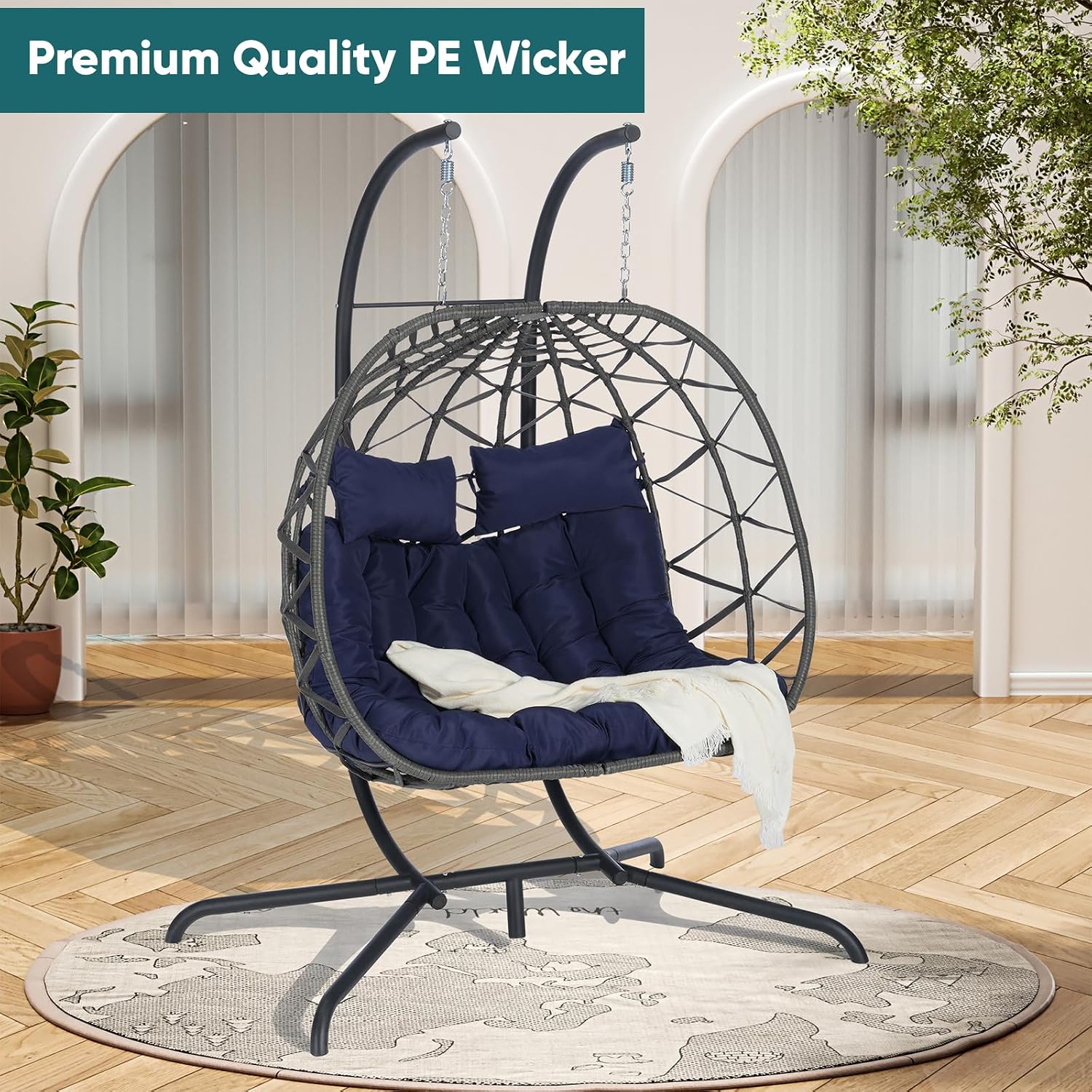 JOYBASE Double Swing Egg Chair with Stand, 2-Person Hanging Egg Chair Wicker Rattan Oversized Swinging Chair for Outdoor Indoor Garden Patio (Dark Blue Cushion and Grey Rattan)