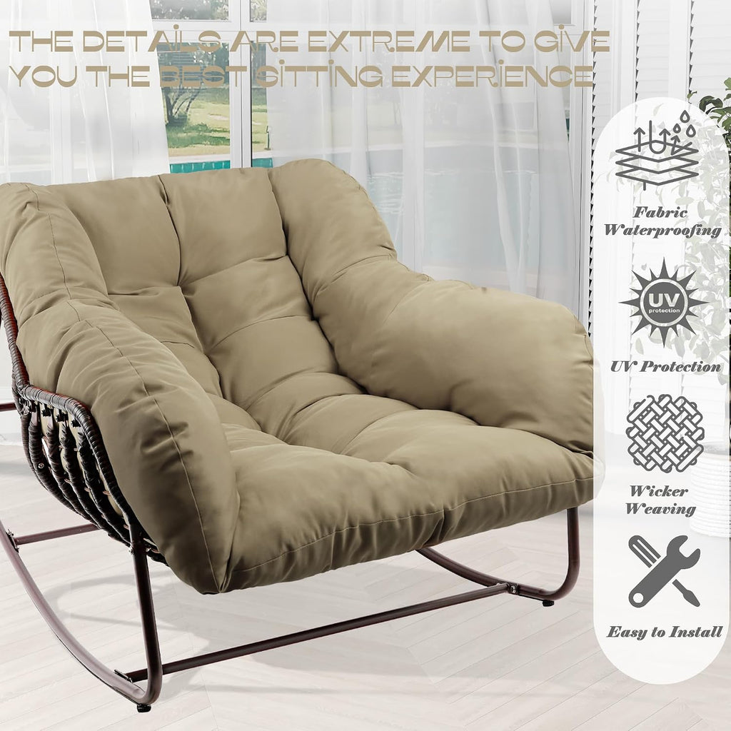 Outdoor Papasan Rocking Chair, Oversized Patio Rocking Chairs with Padded Cushion& Pillow-Comfortable Rocker Egg Chair for Front Porch, Garden, Patio, Backyard,1PC,Khaki