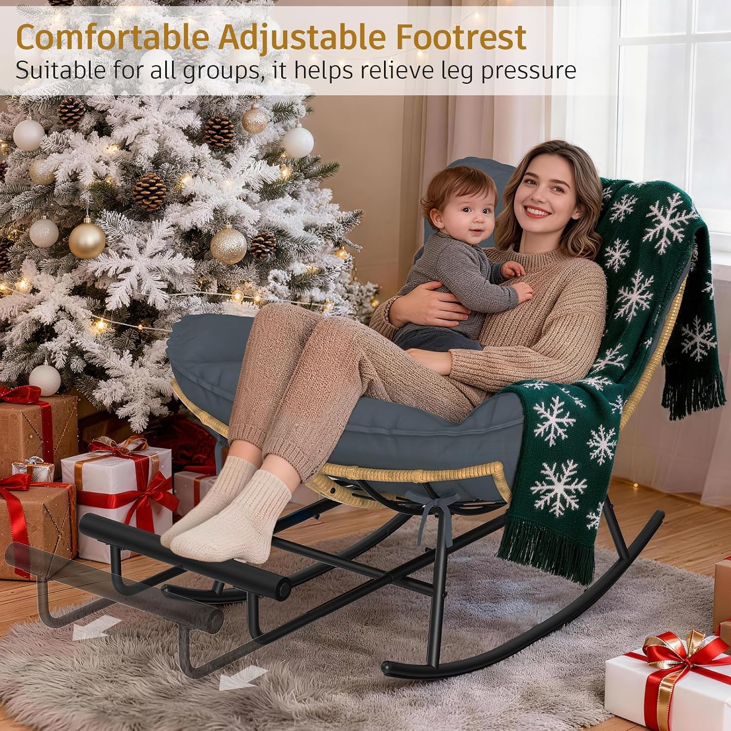 ZENPETIO Outdoor Rocking Chair - Oversized Metal Frame Papasan Rocking Chair with All Weather PE Wicker Rattan Rocker and Footrest for Patio, Balcony, Porch, Lawn and Living Room - Grey