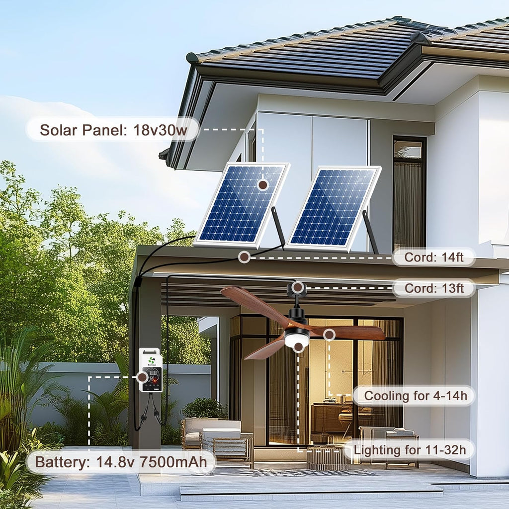 Outdoor Ceiling Fan with Light & Battery, 52' Solar Ceiling Fans for Outside 3 Speeds, Quiet Wood Walnut Fan with Adjustable Thermostat for Gazebo, Patios