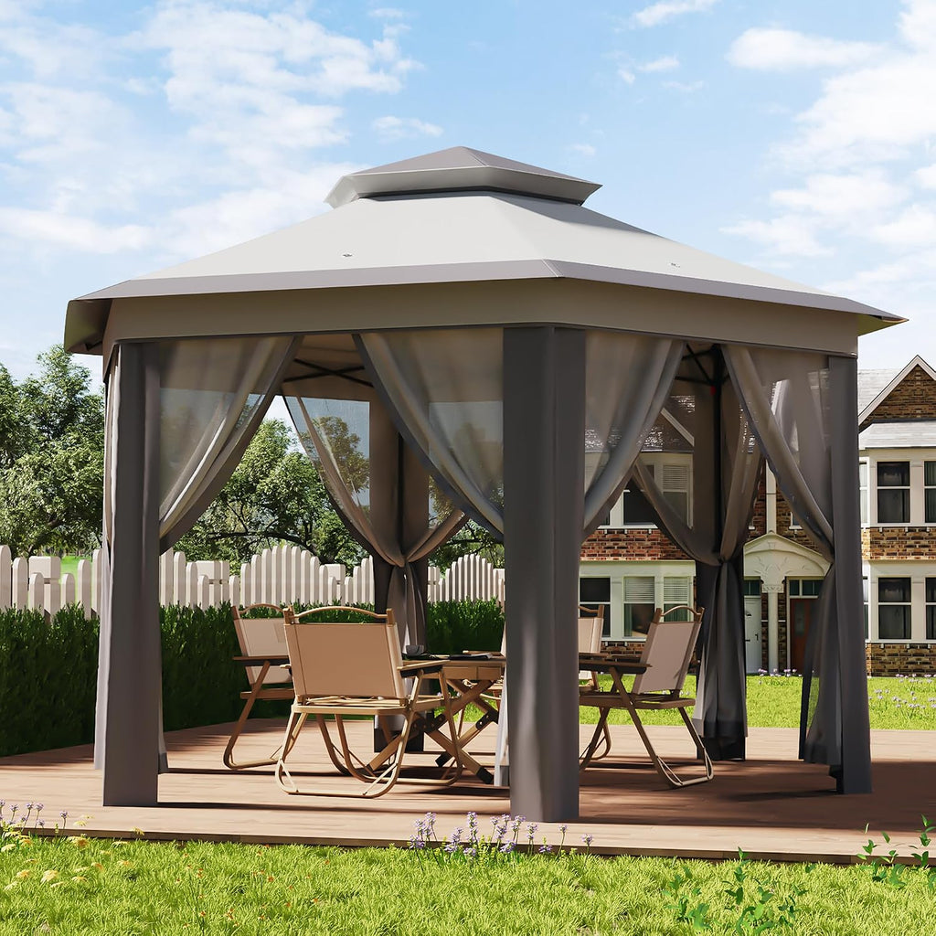 13x13 Pop Up Gazebo Outdoor Hexagonal Canopy Tent with Mosquito Netting Sides Instant Patio Canopy Shelter, Rain & UV Resistant PA Coated Fabric, for Patios, Garden, Parties, Lawns Backya