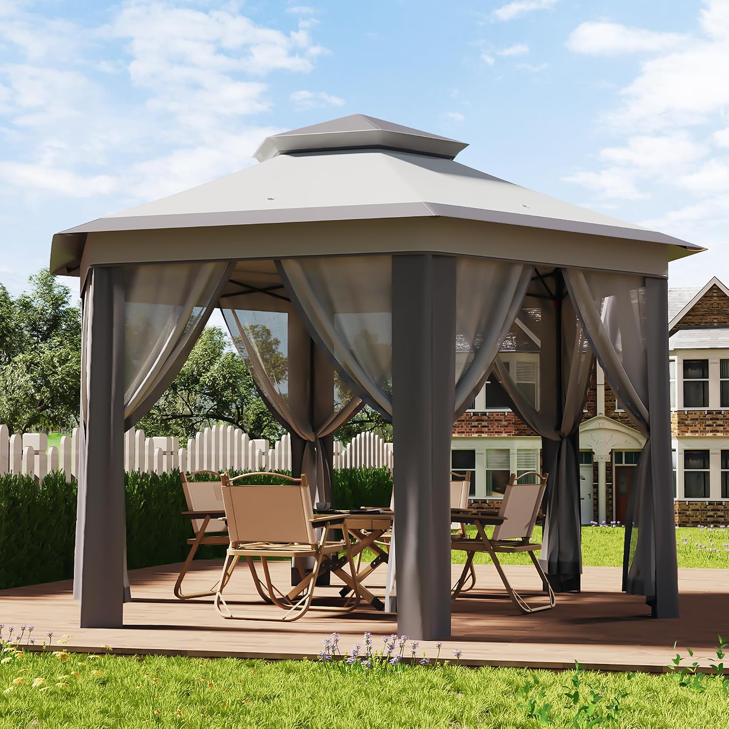 13x13 Pop Up Gazebo Outdoor Hexagonal Canopy Tent with Mosquito Netting Sides Instant Patio Canopy Shelter, Rain & UV Resistant PA Coated Fabric, for Patios, Garden, Parties, Lawns Backya