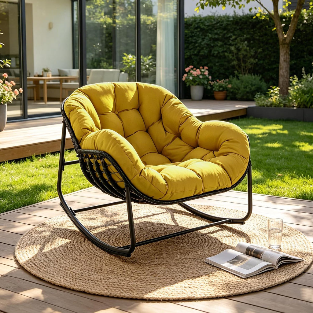 Papasan Rocking Chair, Oversized Egg Rocker for Indoor & Outdoor Use, All-Weather Wicker Patio Chair with Cushion & Pillow, Papasan Rocking Egg Chair for Bedroom, Garden, Yellow