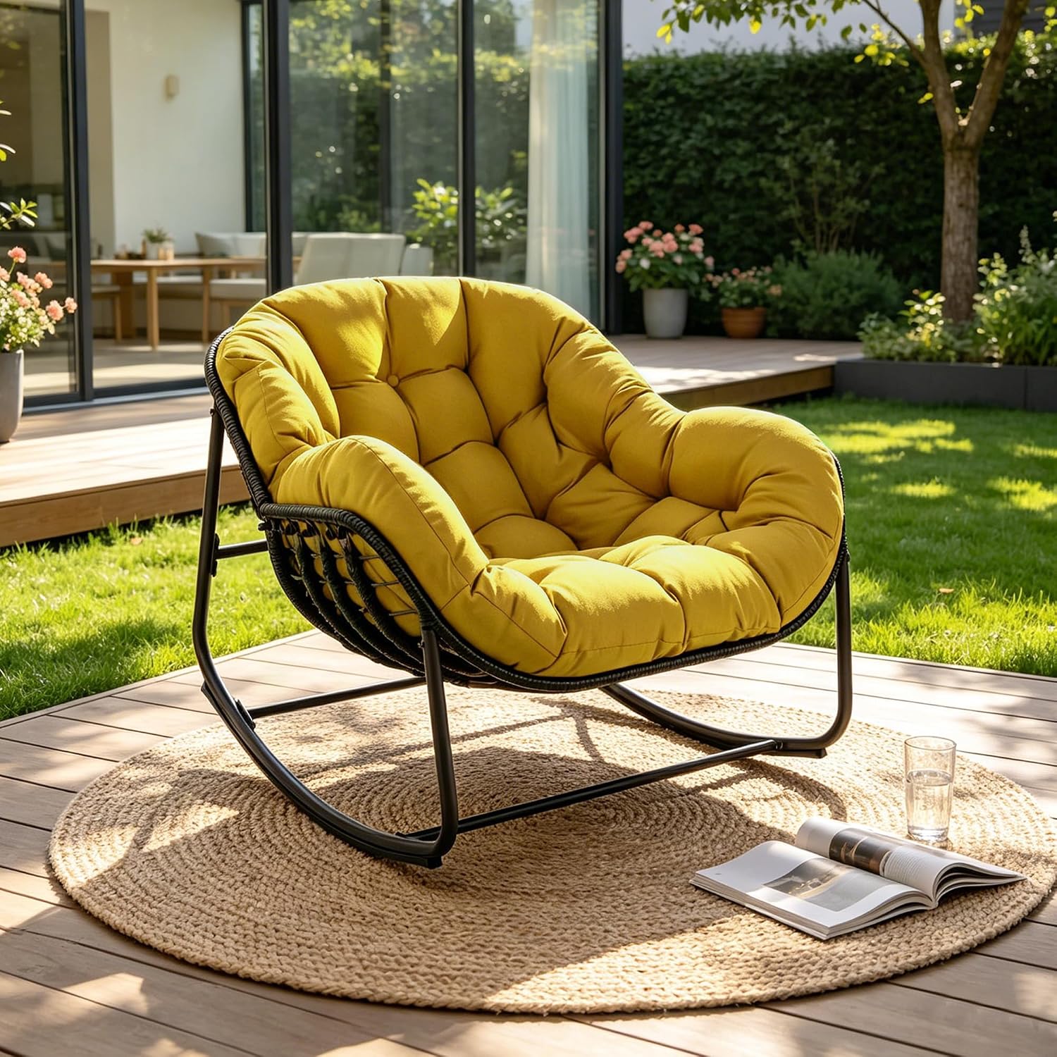 Papasan Rocking Chair, Oversized Egg Rocker for Indoor & Outdoor Use, All-Weather Wicker Patio Chair with Cushion & Pillow, Papasan Rocking Egg Chair for Bedroom, Garden, Yellow