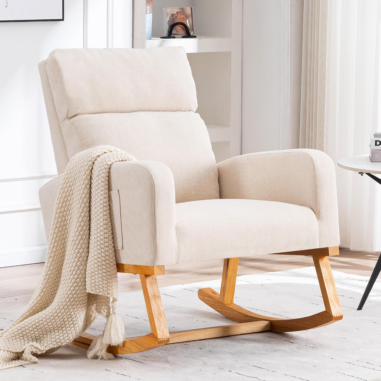 Rocking Chair Nursery, Upholstered Nursing Rocker Chair for Mom with High Backrest and Side Pockets for Bedroom Living Room, Beige