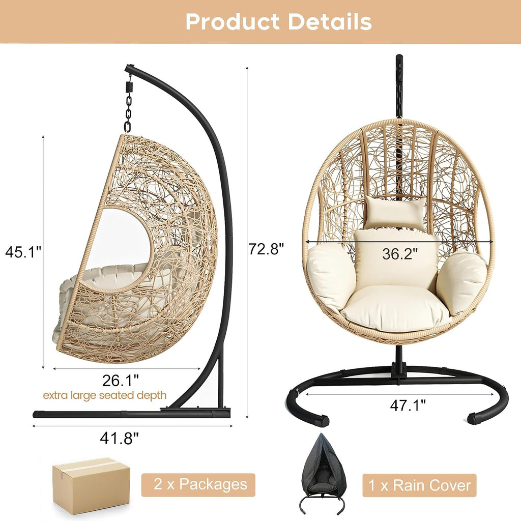 Hanging Egg Chair with Stand, Outdoor Swing Egg Chair with Rain Cover, 400 LBS Capacity All-Weather PE Wicker Swing Chair with Waterproof Cushions