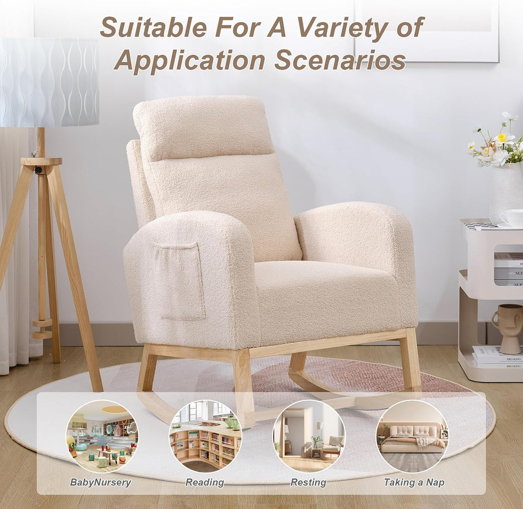 Nursery Rocking Chair with Solid Wood Legs, Glider Chair for Nursery with Side Pocket, Rocker Armchair for Living Room Bedroom (Beige, Teddy)
