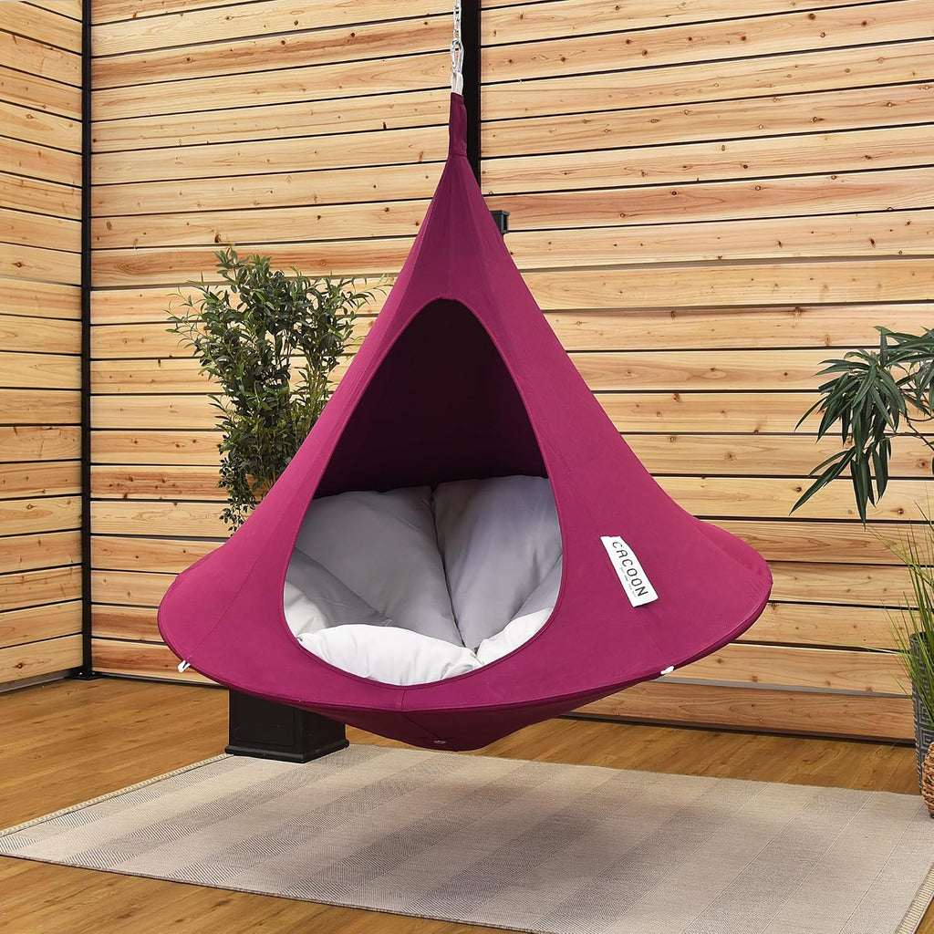 Single Cacoon Hanging Chair – Cozy Indoor/Outdoor Hammock with Polyester Canvas, 440 lb Capacity, Includes 18ft Rope & Carabiner (Mulberry)