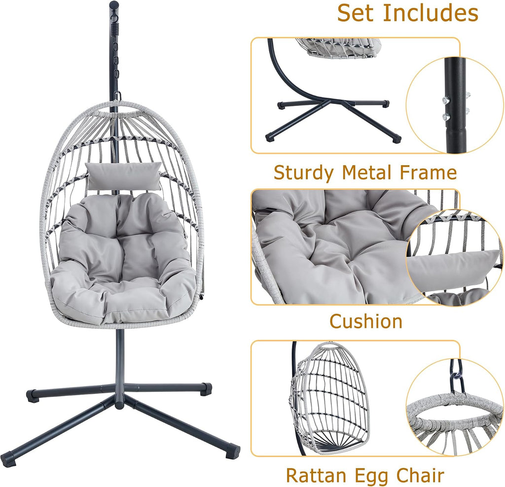 Swing Egg Chair with Stand, Outdoor Hanging Chair with Cushion and Headrest, Rattan Egg Chair for Backyard, Balcony, Indoor, 300lbs Capacity, Grey