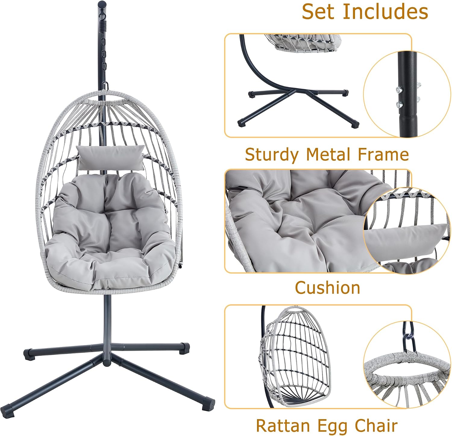 Swing Egg Chair with Stand, Outdoor Hanging Chair with Cushion and Headrest, Rattan Egg Chair for Backyard, Balcony, Indoor, 300lbs Capacity, Grey