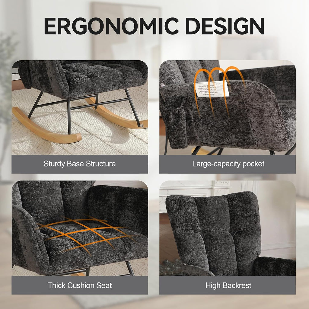 Rocking Chair with Airbag, Comfy Modern Reading & Nursing Nursery Rocking Chair indoor, Cozy Upholstered Glider Rocker Chairs with High Backrest for Living Room Bedroom Offices(Chenille, Black)