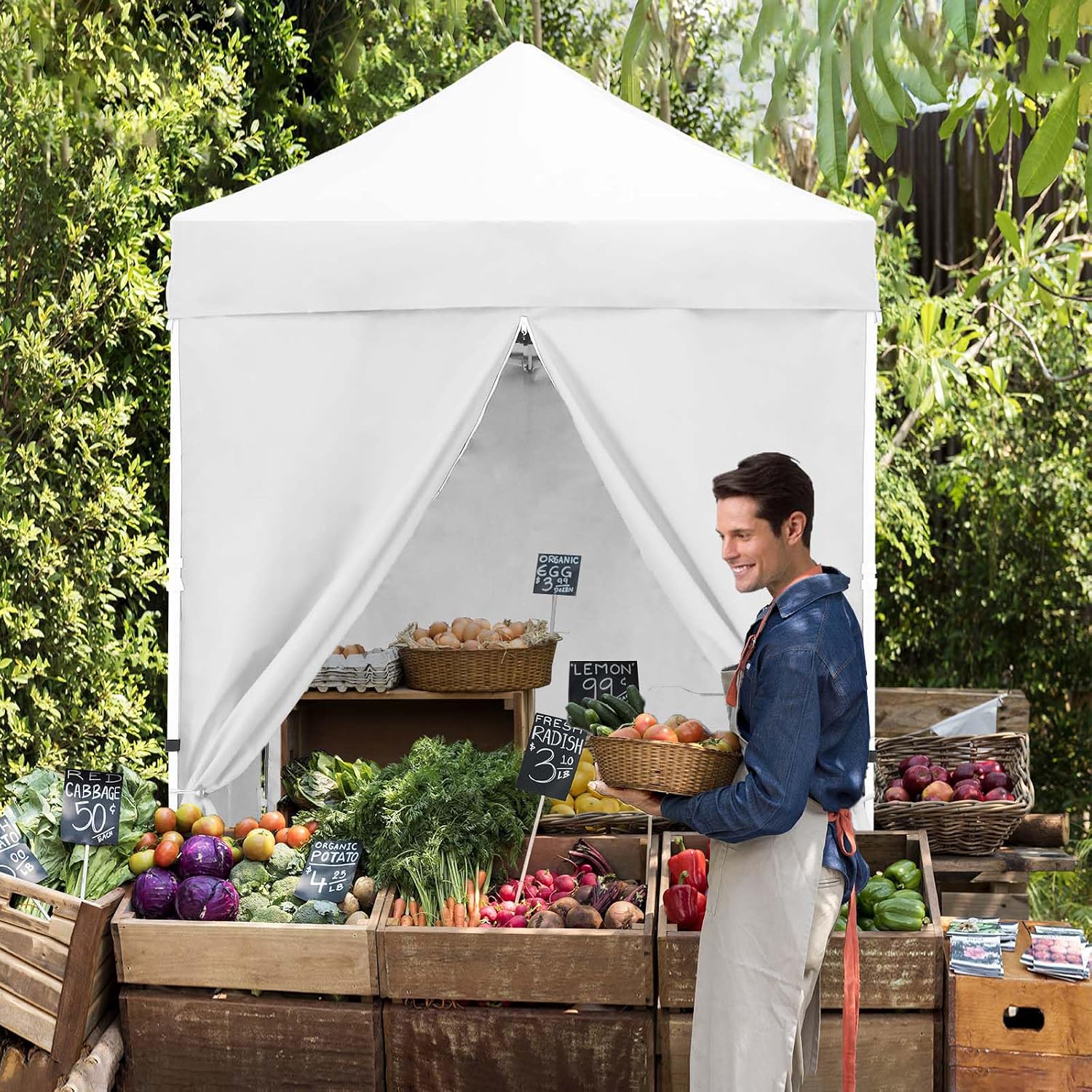 EAGLE PEAK 5x5 Instant Canopy with 4-Side Wall Panels, Small Pop up Portable Canopy Tent with Carry Bag, Light Weight Sun Shelter for Sports, Camping and Beach, White